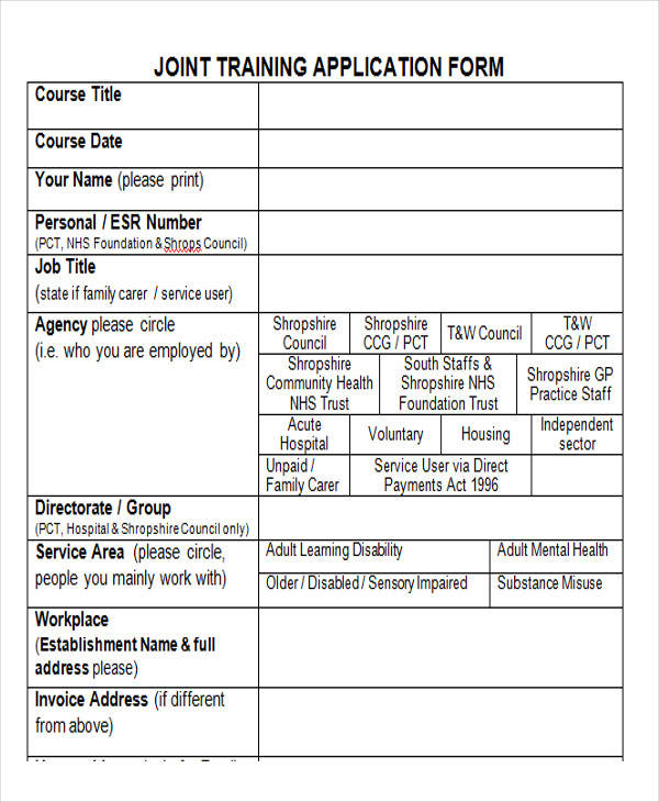 joint training application form