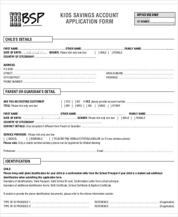 kids account application form