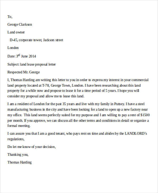 land lease proposal letter