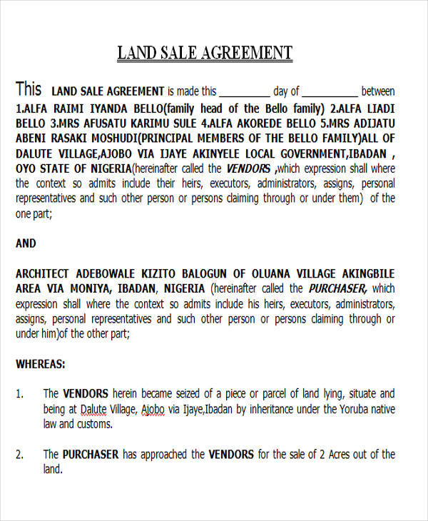 land sale agreement form