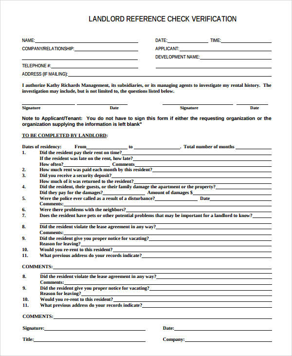 landlord reference check verification form