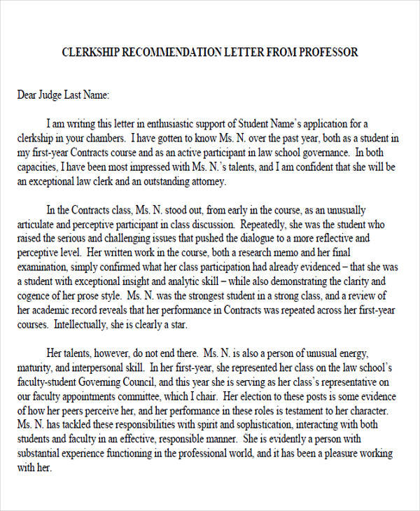 law clerkship school recommendation letter from professor