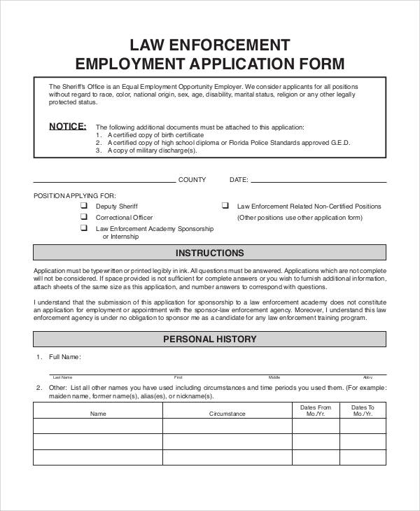 law enforcement employment application form