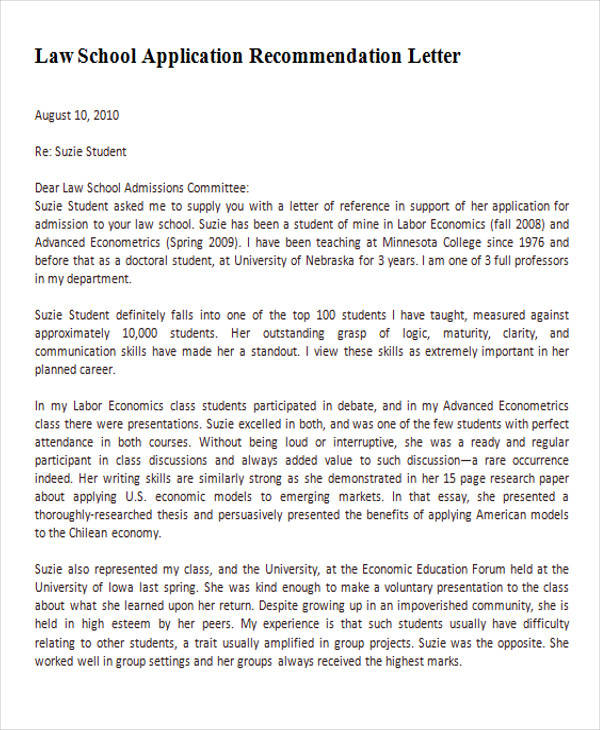 Reference Letter For Law School Admission