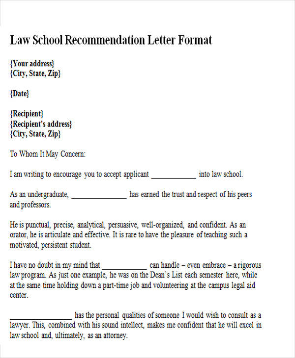 law school recommendation letter format