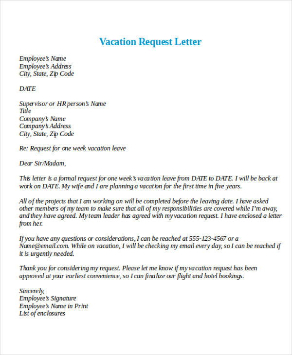 leave vacation request letter