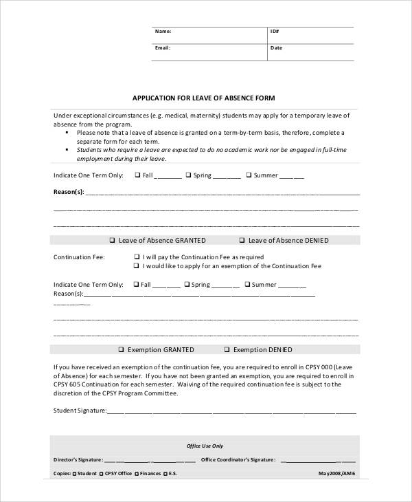 leave for application of absence form