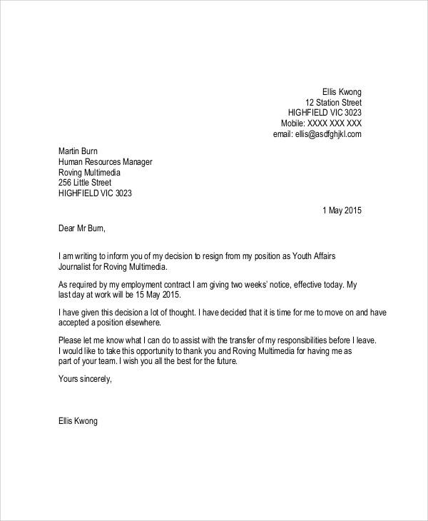 Notice Format For Leaving Job Sample Resignation Letter