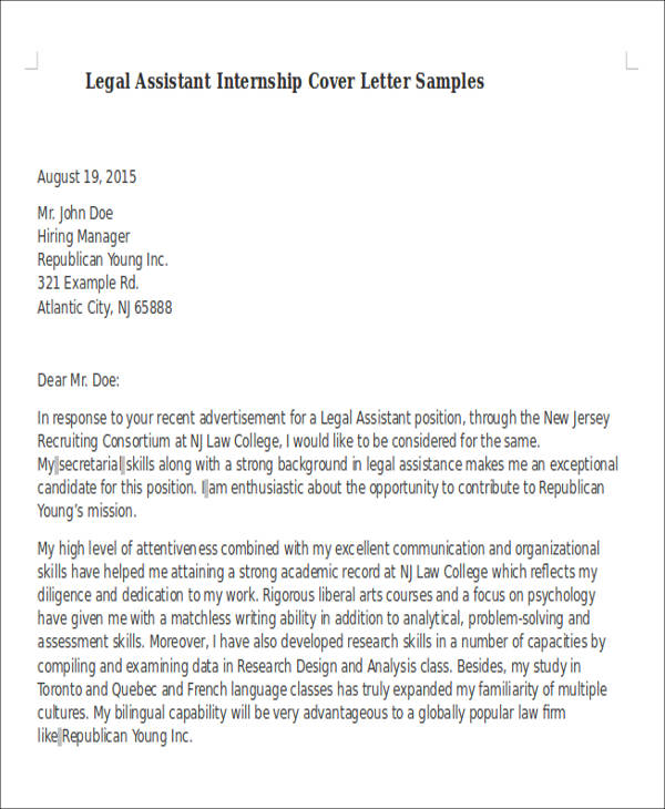 sample law internship cover letter