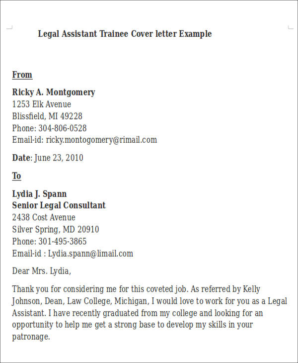 legal assistant trainee cover letter