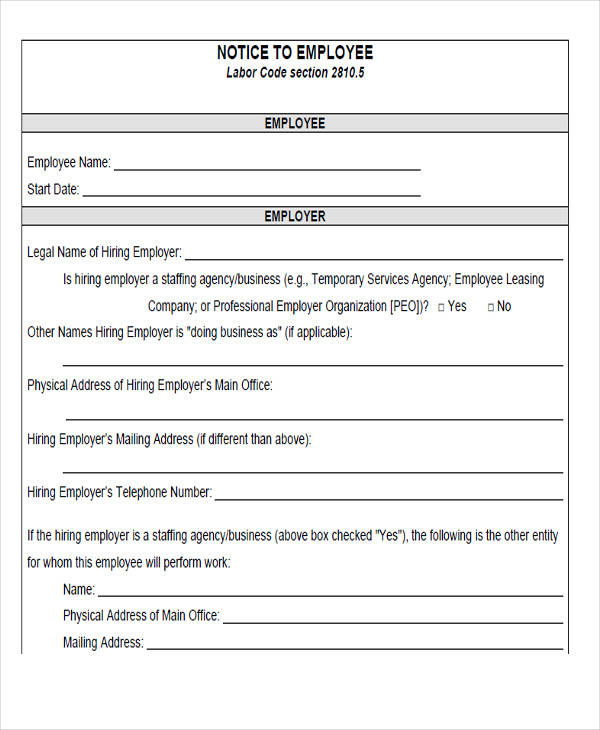legal employee form notice format