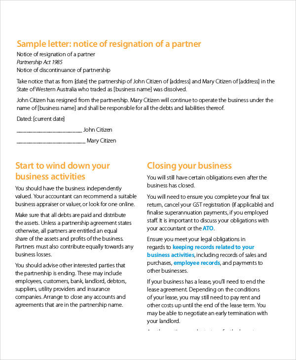 letter regarding the termination of the business partnership