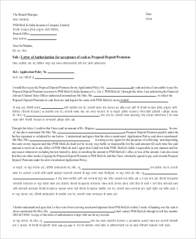 letter of authorization for acceptance of cash proposal