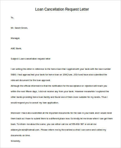 loan cancellation request letter