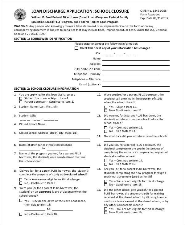 loan discharge application form
