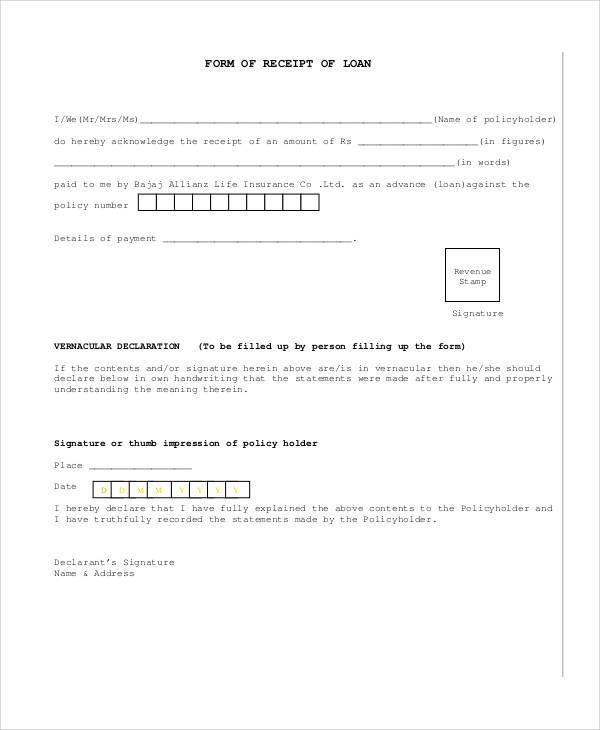 loan payment receipt form sample