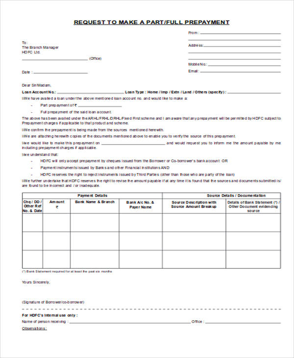 loan prepayment letter to bank