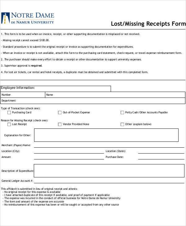lost missing receipt form