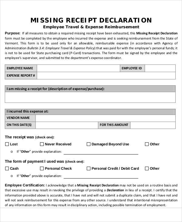 lost receipt declaration form