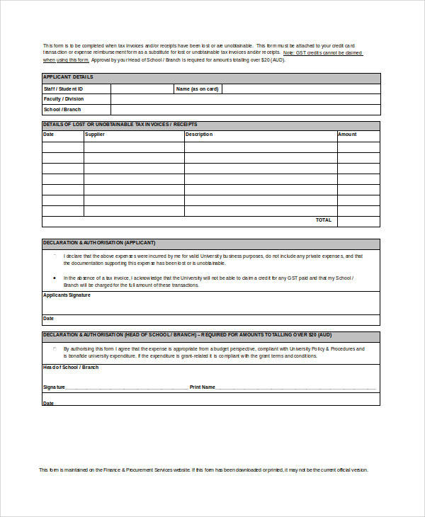 lost receipt invoice form