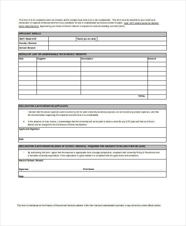 invoice lost form Forms Doc in 17 Sample Receipt