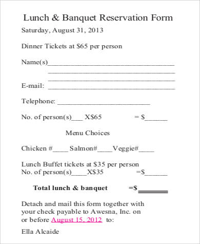 lunch banquet reservation form