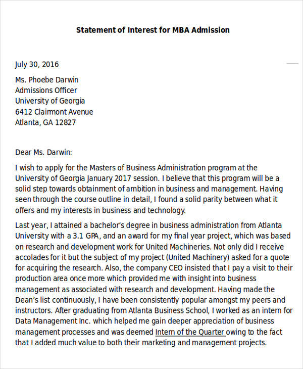 mba application letter of intent