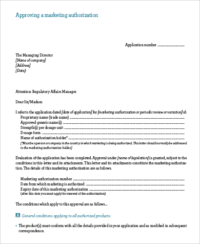 marketing approving authorization letter