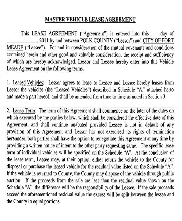 master vehicle lease agreement sample
