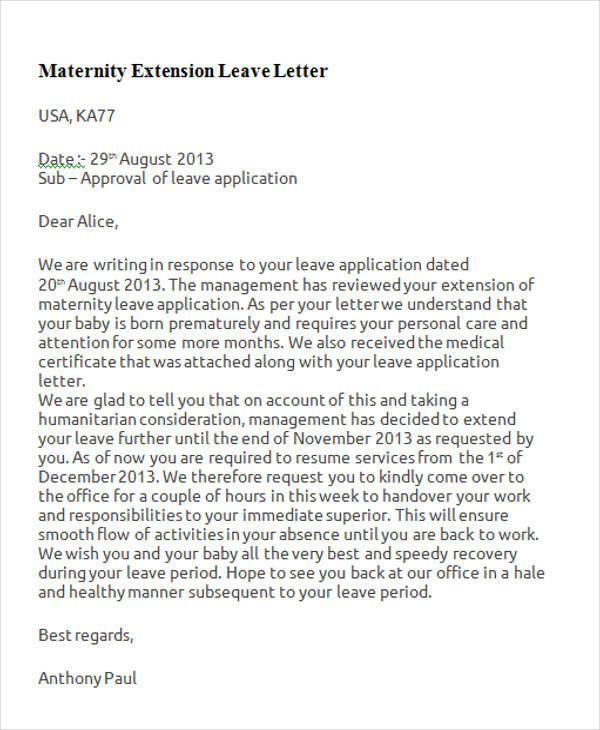 application letter format for maternity leave