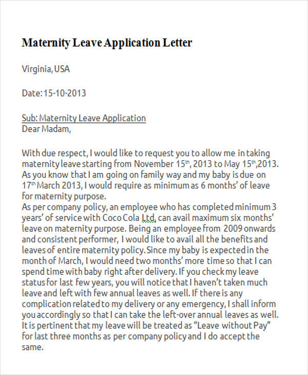 maternity leave application letter