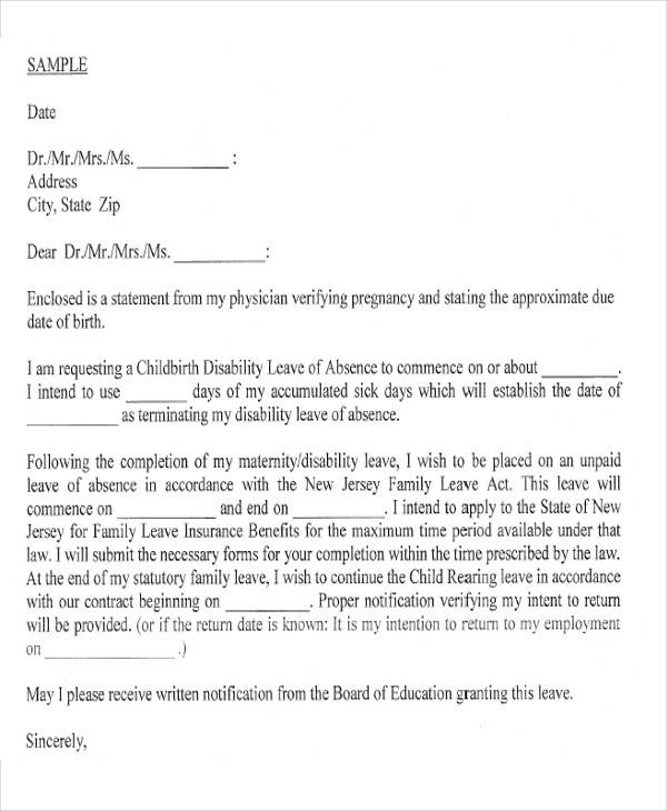 maternity leave application letter format in word