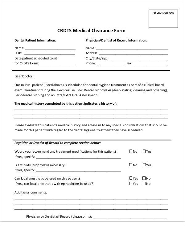 medical dental clearance form1