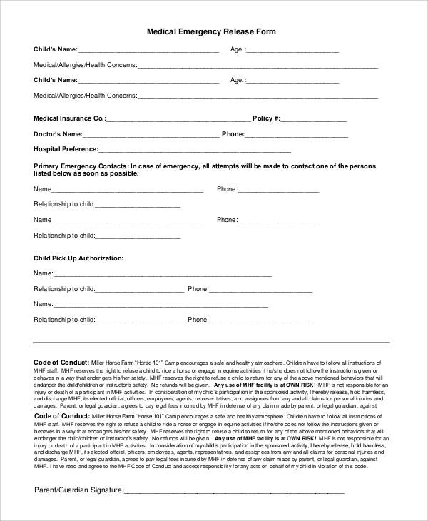 medical emergency release form