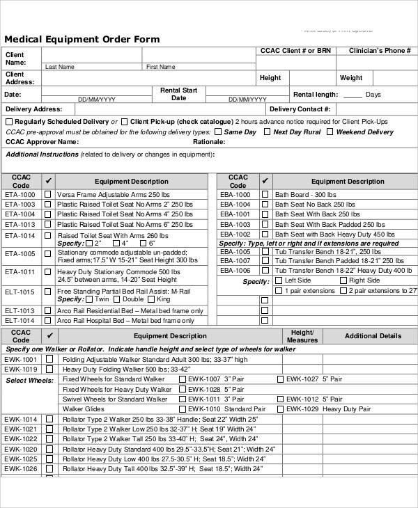 medical equipment order form