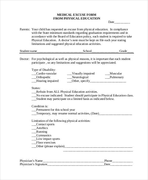 medical excuse form sample