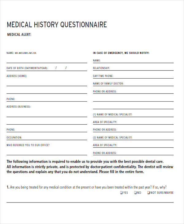 medical history questionnaire form