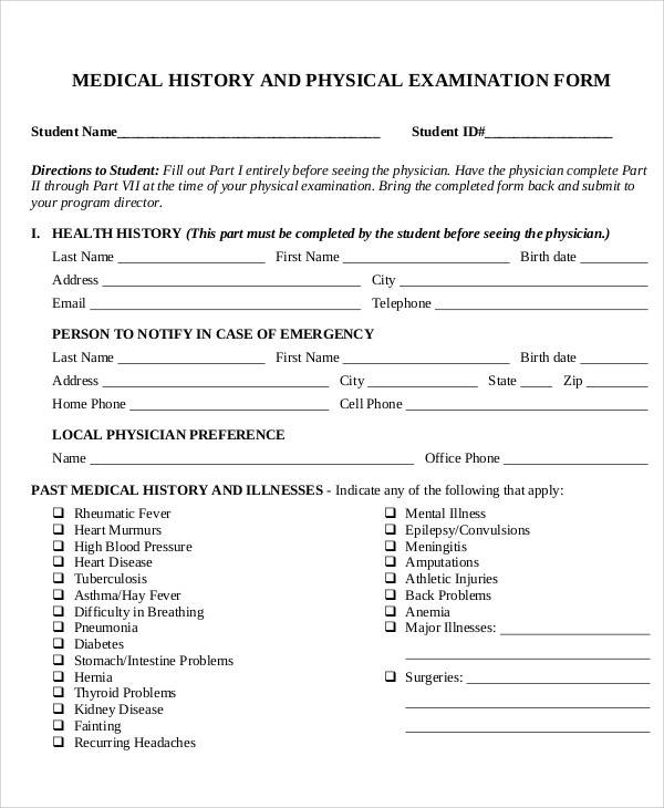 medical history and examination form