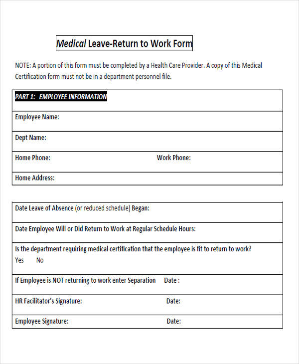 medical leave return to work form