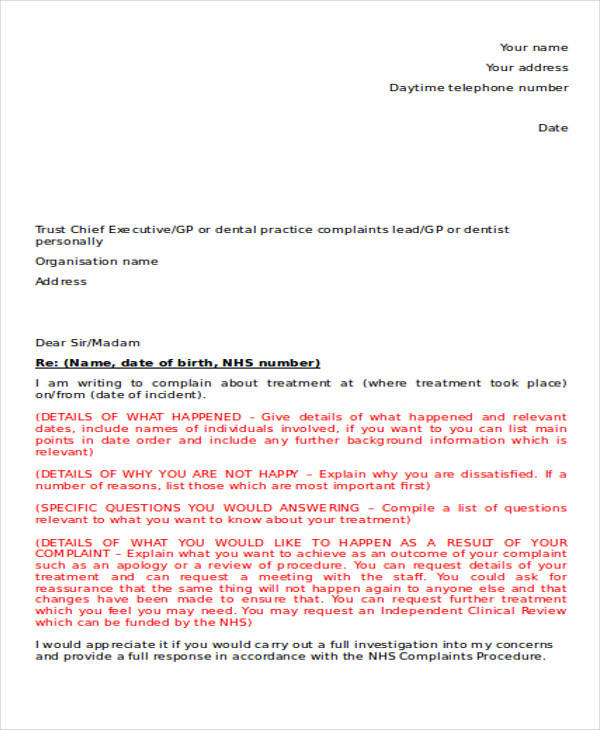 medical negligence complaint letter