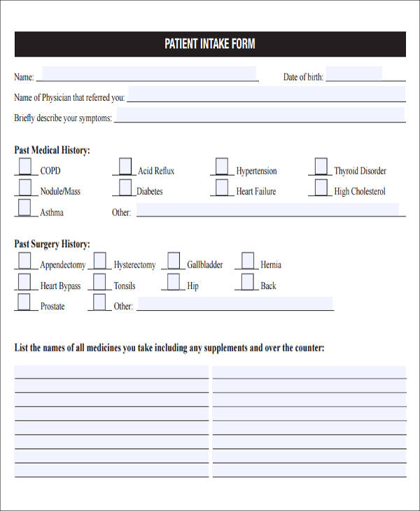 Patient Intake Form Template Word