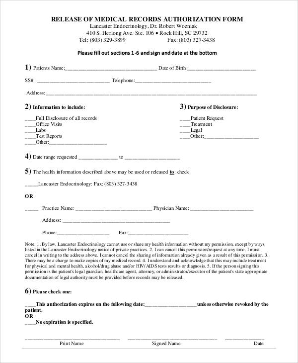 medical records authorization release form