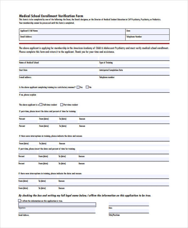 medical school enrollment verification form