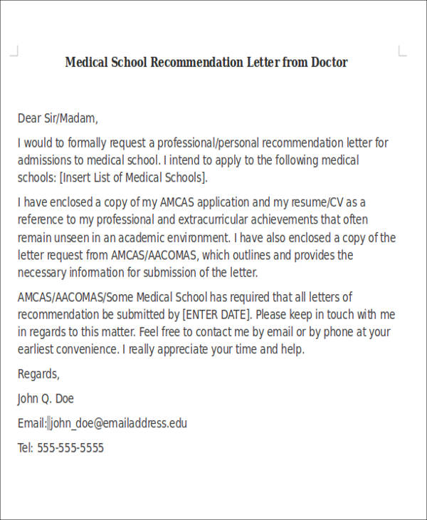 medical school recommendation letter sample