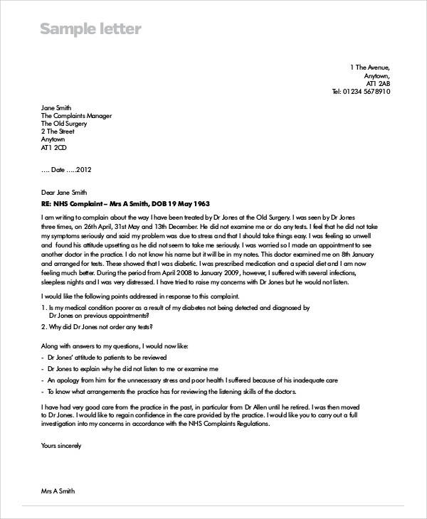 Medical Complaint Letter 9357