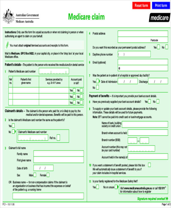 medicare benefits claim form