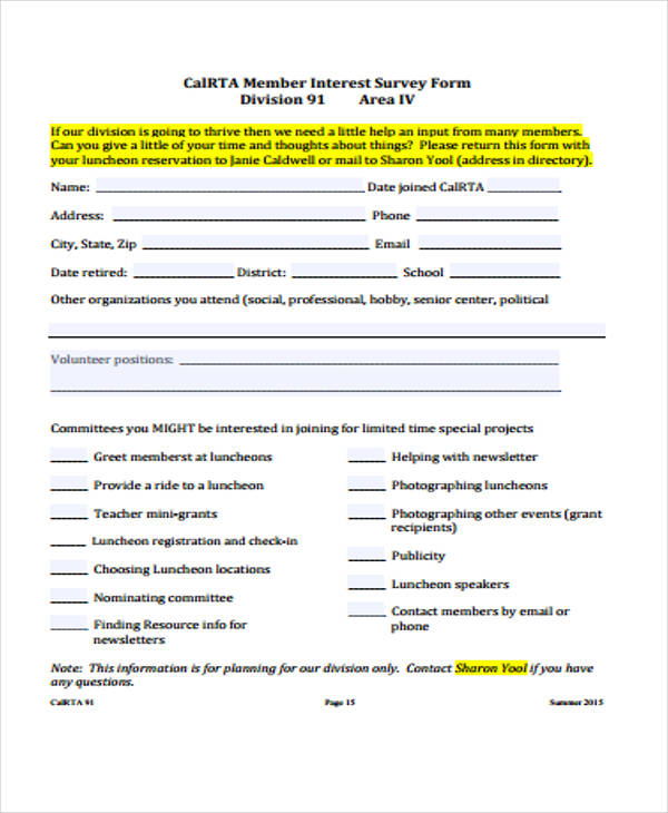 member interest survey form
