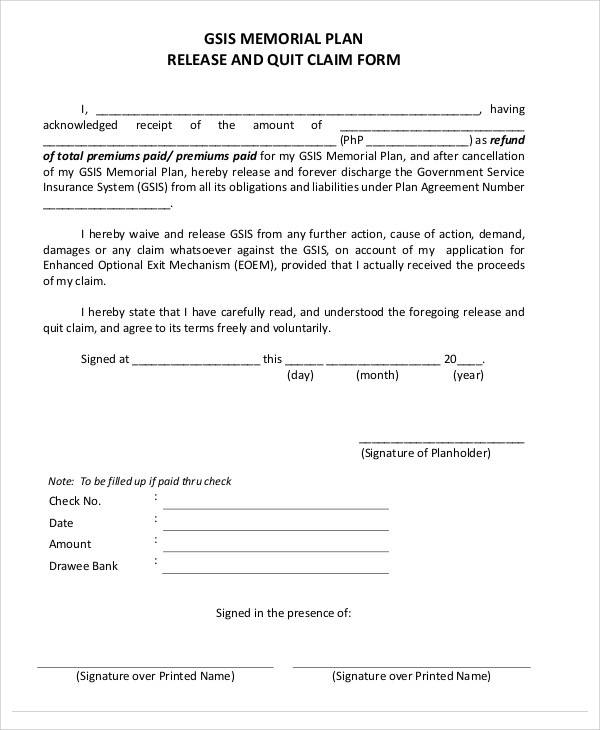 memorial claim release form