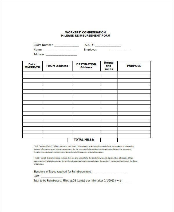 mileage reimbursement claim form