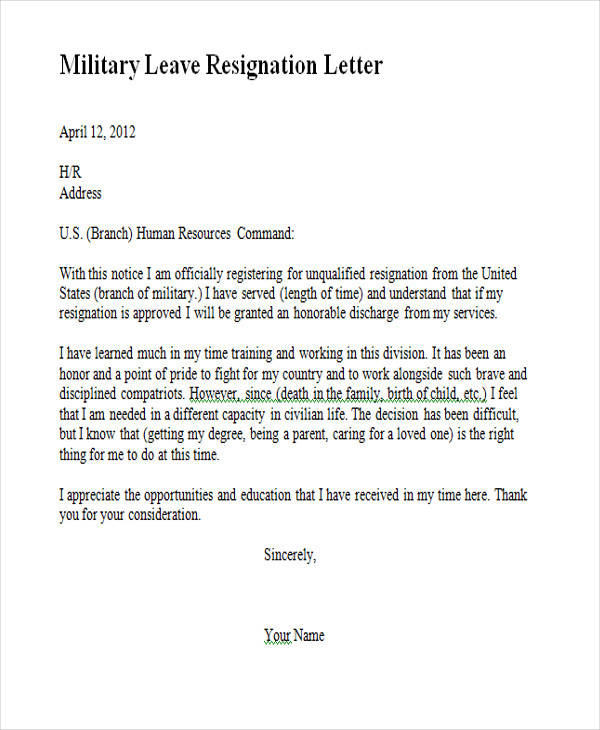 military leave resignation letter